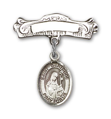 Pin Badge with St. Gertrude of Nivelles Charm and Arched Polished Engravable Badge Pin - Silver tone