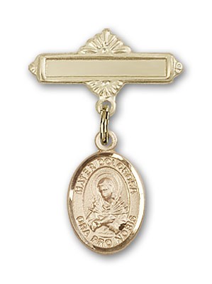 Pin Badge with Mater Dolorosa Charm and Polished Engravable Badge Pin - Gold Tone