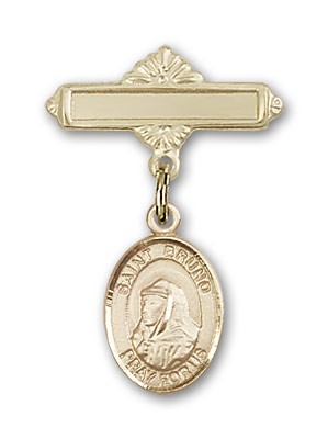 Pin Badge with St. Bruno Charm and Polished Engravable Badge Pin - 14K Solid Gold