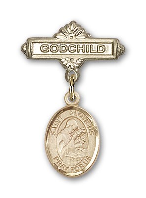 Pin Badge with St. Aloysius Gonzaga Charm and Godchild Badge Pin - Gold Tone