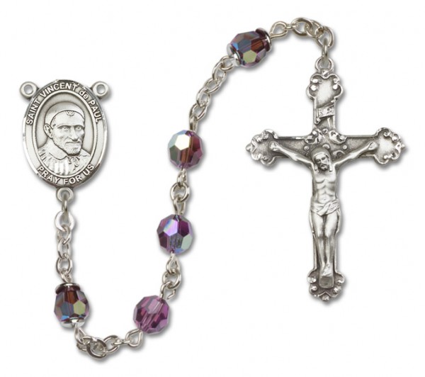 St. Vincent de Paul Sterling Silver Heirloom Rosary Fancy Crucifix - Amethyst