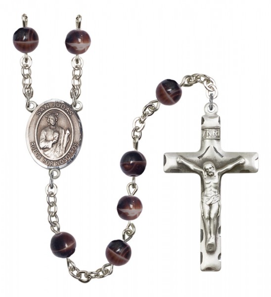 Men's San Judas Silver Plated Rosary - Brown