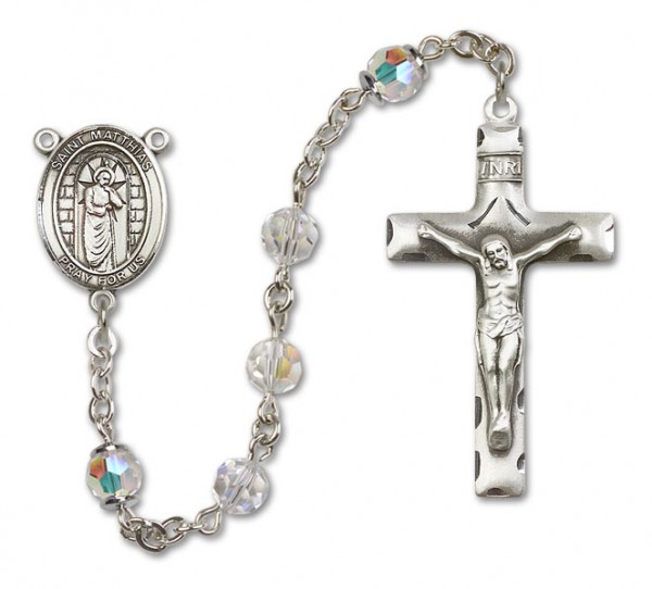 St. Matthias the Apostle Sterling Silver Heirloom Rosary Squared Crucifix - Crystal