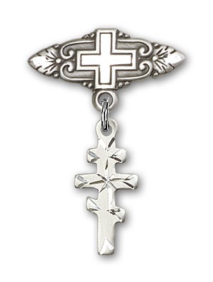 Pin Badge with Greek Orthadox Cross Charm and Badge Pin with Cross - Silver tone