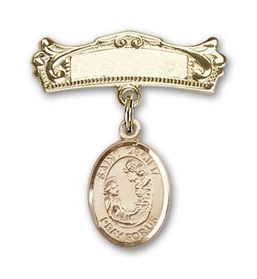 Pin Badge with St. Cecilia Charm and Arched Polished Engravable Badge Pin - Gold Tone