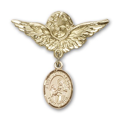 Pin Badge with St. John of God Charm and Angel with Larger Wings Badge Pin - 14K Solid Gold