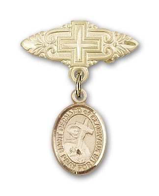 Pin Badge with St. Bernard of Clairvaux Charm and Badge Pin with Cross - Gold Tone