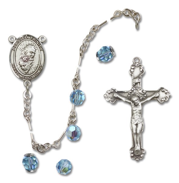 Blessed Trinity Sterling Silver Heirloom Rosary Fancy Crucifix - Aqua