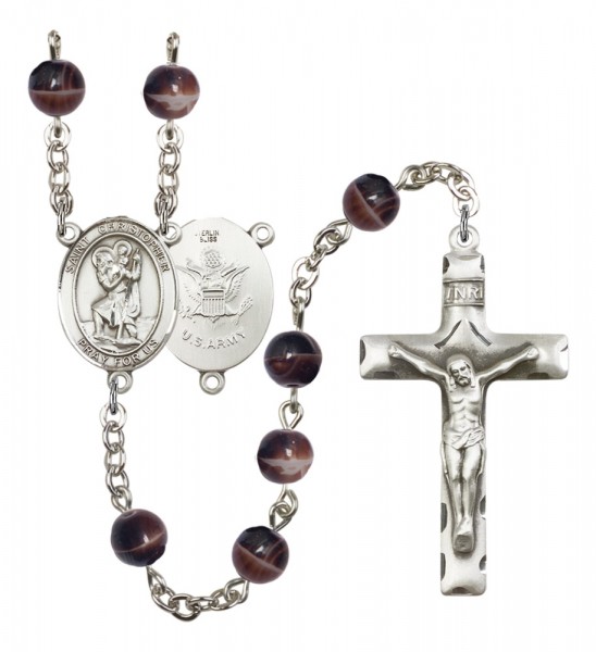 Men's St. Christopher Army Silver Plated Rosary - Brown