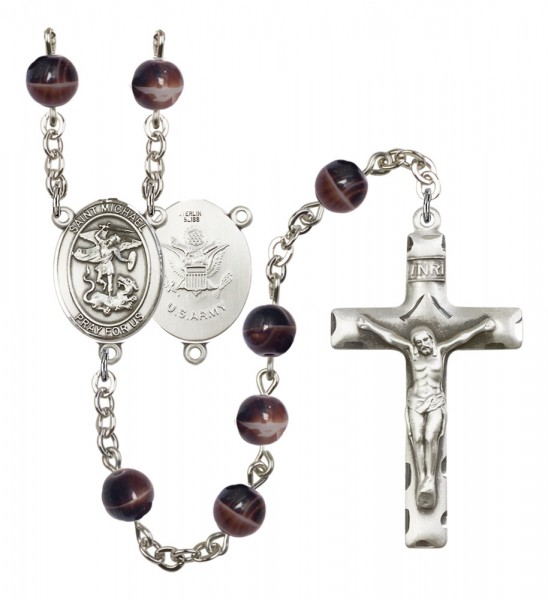 Men's St. Michael Army Silver Plated Rosary - Brown