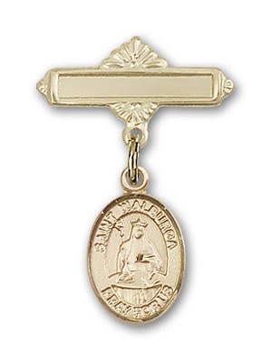 Pin Badge with St. Walburga Charm and Polished Engravable Badge Pin - Gold Tone