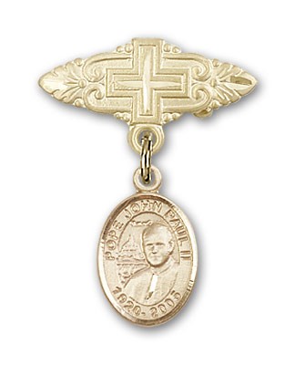 Pin Badge with Pope John Paul II Charm and Badge Pin with Cross - 14K Solid Gold