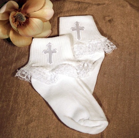 Girls Anklet Baptism Socks with Embroidered Cross - White