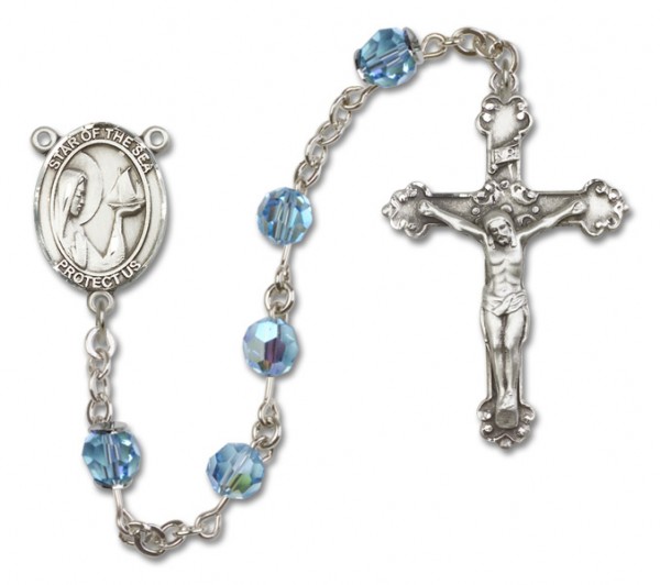 Our Lady of the Sea Sterling Silver Heirloom Rosary Fancy Crucifix - Aqua