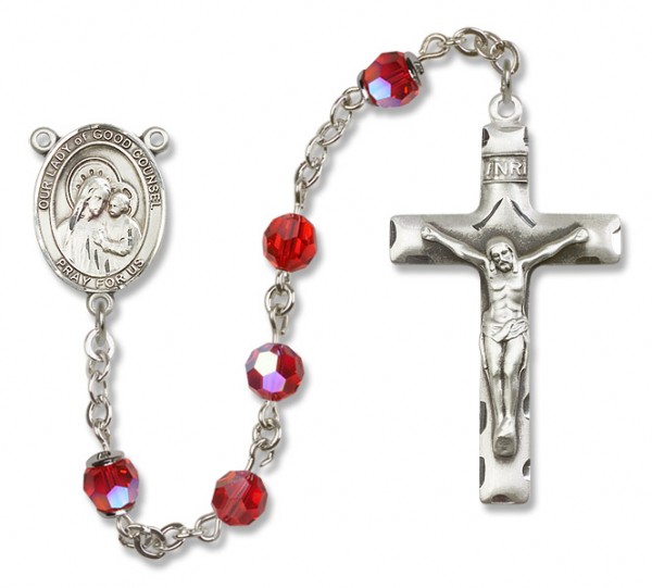 Our Lady of Good Counsel Sterling Silver Heirloom Rosary Squared Crucifix - Ruby Red