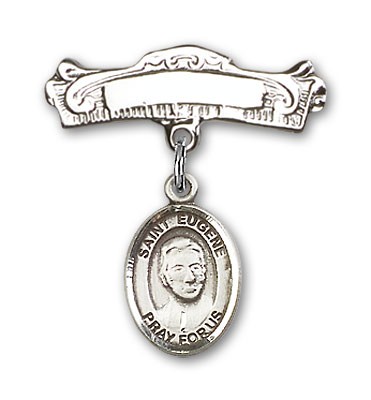 Pin Badge with St. Eugene de Mazenod Charm and Arched Polished Engravable Badge Pin - Silver tone