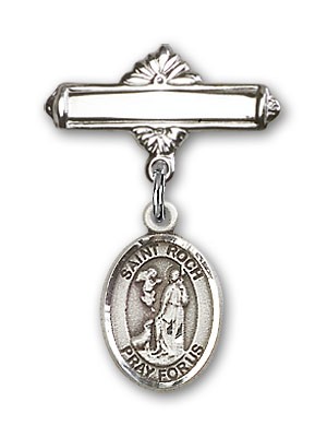 Pin Badge with St. Roch Charm and Polished Engravable Badge Pin - Silver tone