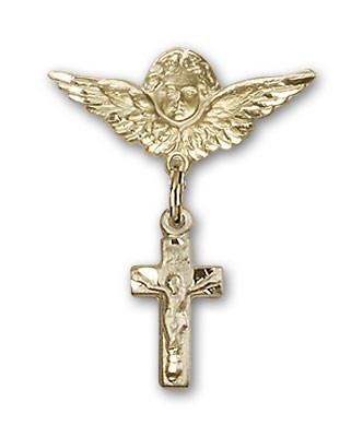 Pin Badge with Crucifix Charm and Angel with Smaller Wings Badge Pin - 14K Solid Gold