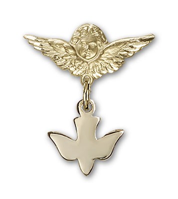 Baby Pin with Holy Spirit Charm and Angel with Smaller Wings Badge Pin - Gold Tone