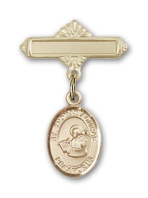 Pin Badge with St. Thomas Aquinas Charm and Polished Engravable Badge Pin - Gold Tone