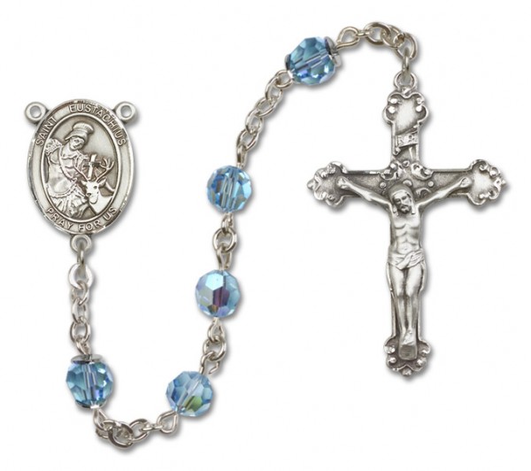 St. Eustachius Sterling Silver Heirloom Rosary Fancy Crucifix - Aqua