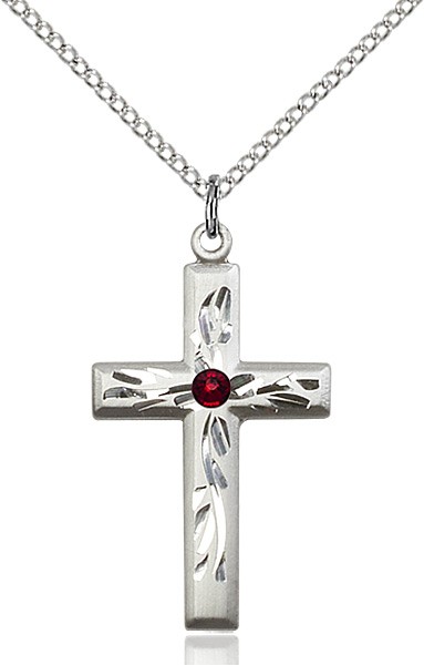 Squared Edge Cross with Vine Etching with Birthstone Options - Garnet
