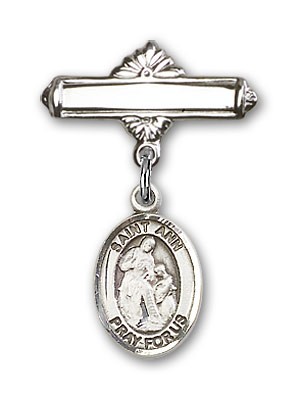 Pin Badge with St. Ann Charm and Polished Engravable Badge Pin - Silver tone