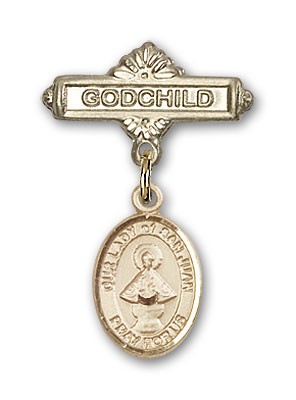 Baby Badge with Our Lady of San Juan Charm and Godchild Badge Pin - 14K Solid Gold