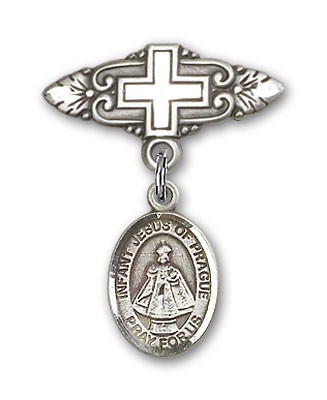 Pin Badge with Infant of Prague Charm and Badge Pin with Cross - Silver tone