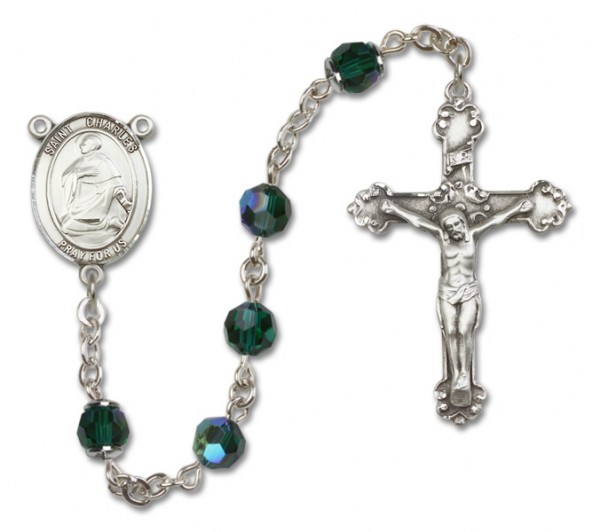 St. Charles Borromeo Sterling Silver Heirloom Rosary Fancy Crucifix - Emerald Green