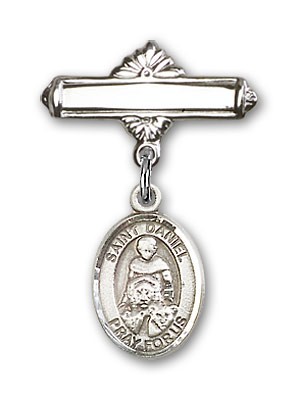 Pin Badge with St. Daniel Charm and Polished Engravable Badge Pin - Silver tone