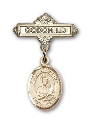 Pin Badge with St. Lawrence Charm and Godchild Badge Pin - Gold Tone