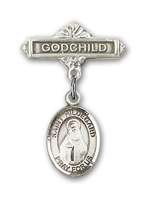Pin Badge with St. Hildegard Von Bingen Charm and Godchild Badge Pin - Silver tone