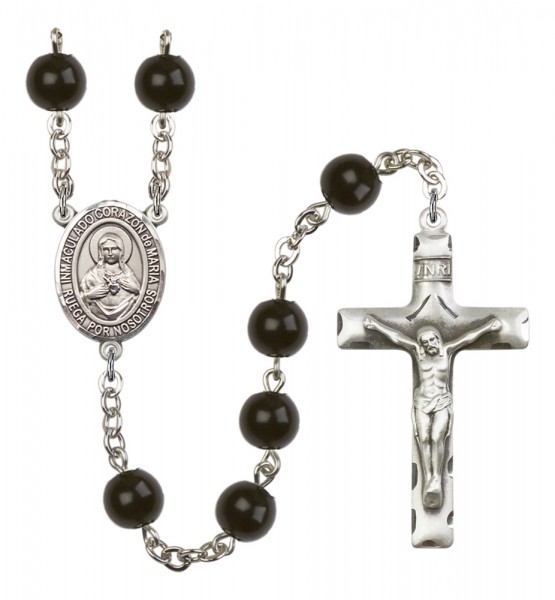Men's Corazon Inmaculado de Maria Silver Plated Rosary - Black