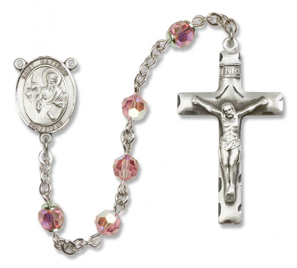 St. Matthew the Apostle Sterling Silver Heirloom Rosary Squared Crucifix - Light Rose