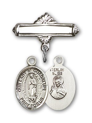 Pin Badge with Our Lady of Guadalupe Charm and Polished Engravable Badge Pin - Silver tone