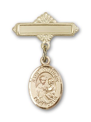 Pin Badge with St. Anthony of Padua Charm and Polished Engravable Badge Pin - Gold Tone