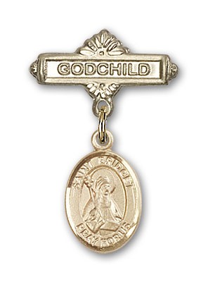 Pin Badge with St. Bridget of Sweden Charm and Godchild Badge Pin - 14K Solid Gold