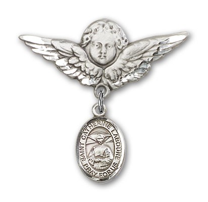 Pin Badge with St. Catherine Laboure Charm and Angel with Larger Wings Badge Pin - Silver tone