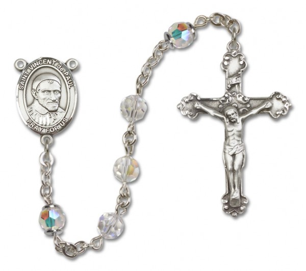St. Vincent de Paul Sterling Silver Heirloom Rosary Fancy Crucifix - Crystal