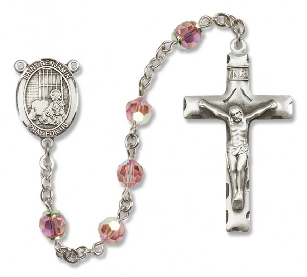 St. Benjamin Sterling Silver Heirloom Rosary Squared Crucifix - Light Rose