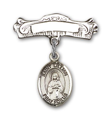 Pin Badge with St. Lillian Charm and Arched Polished Engravable Badge Pin - Silver tone