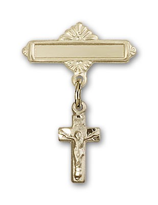 Pin Badge with Crucifix Charm and Polished Engravable Badge Pin - 14K Solid Gold
