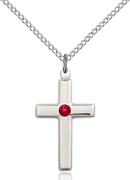 Youth Simple Cross Pendant with Birthstone Options - Ruby Red