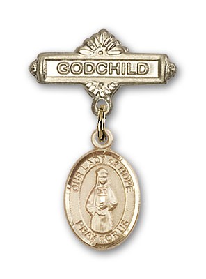 Baby Badge with Our Lady of Hope Charm and Godchild Badge Pin - 14K Solid Gold