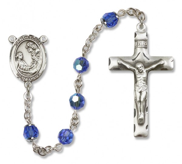 St. Cecilia Sterling Silver Heirloom Rosary Squared Crucifix - Sapphire