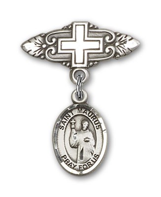 Pin Badge with St. Maurus Charm and Badge Pin with Cross - Silver tone
