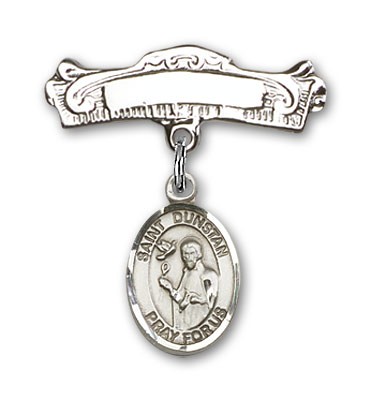 Pin Badge with St. Dunstan Charm and Arched Polished Engravable Badge Pin - Silver tone