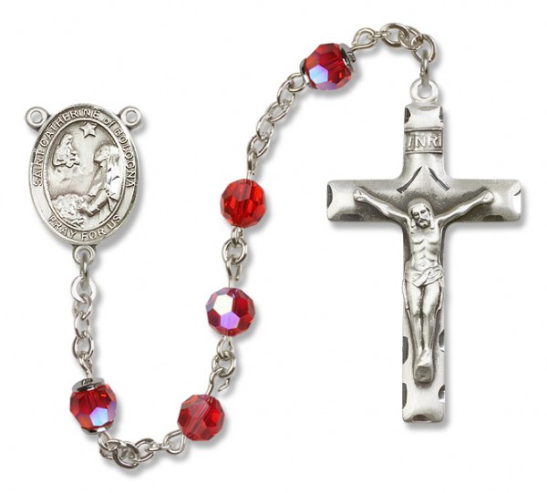 St. Catherine of Bologna Sterling Silver Heirloom Rosary Squared Crucifix - Ruby Red
