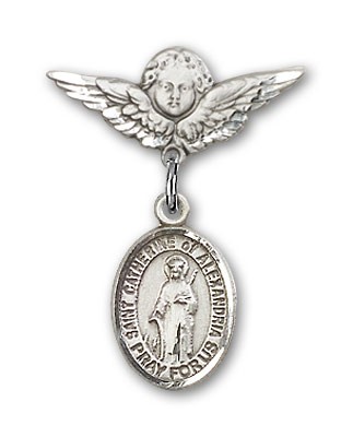 Pin Badge with St. Catherine of Alexandria Charm and Angel with Smaller Wings Badge Pin - Silver tone